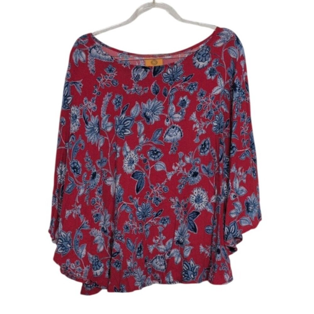 Ruby Rd Floral Shirt Womens Size XL Red Blue Elbow Sleeves Viscose Casual